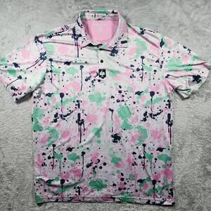 Pins & Aces Shirt Mens 2XL Pink Green Splatter Short Sleeve Golf Polo Print